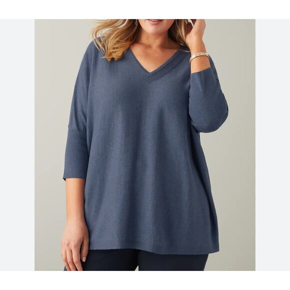 Pure J. Jill Sweater Oversized V Neck Heather Navy Blue 3/4 Sleeve Size Large - Picture 1 of 16